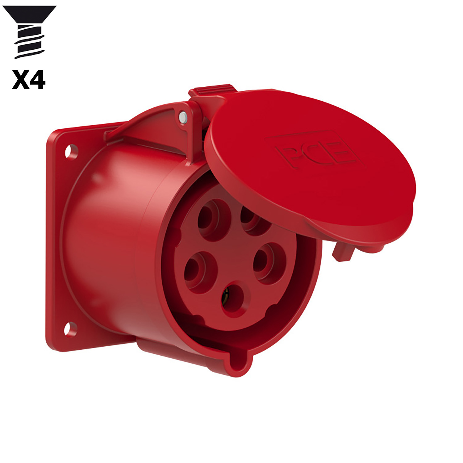 103049 CEE inbouw wcd recht 32A 5p 400V 6h rood IP54 wandcontactdoos flens 75x75mm steek 60x60mm verzonken gaten