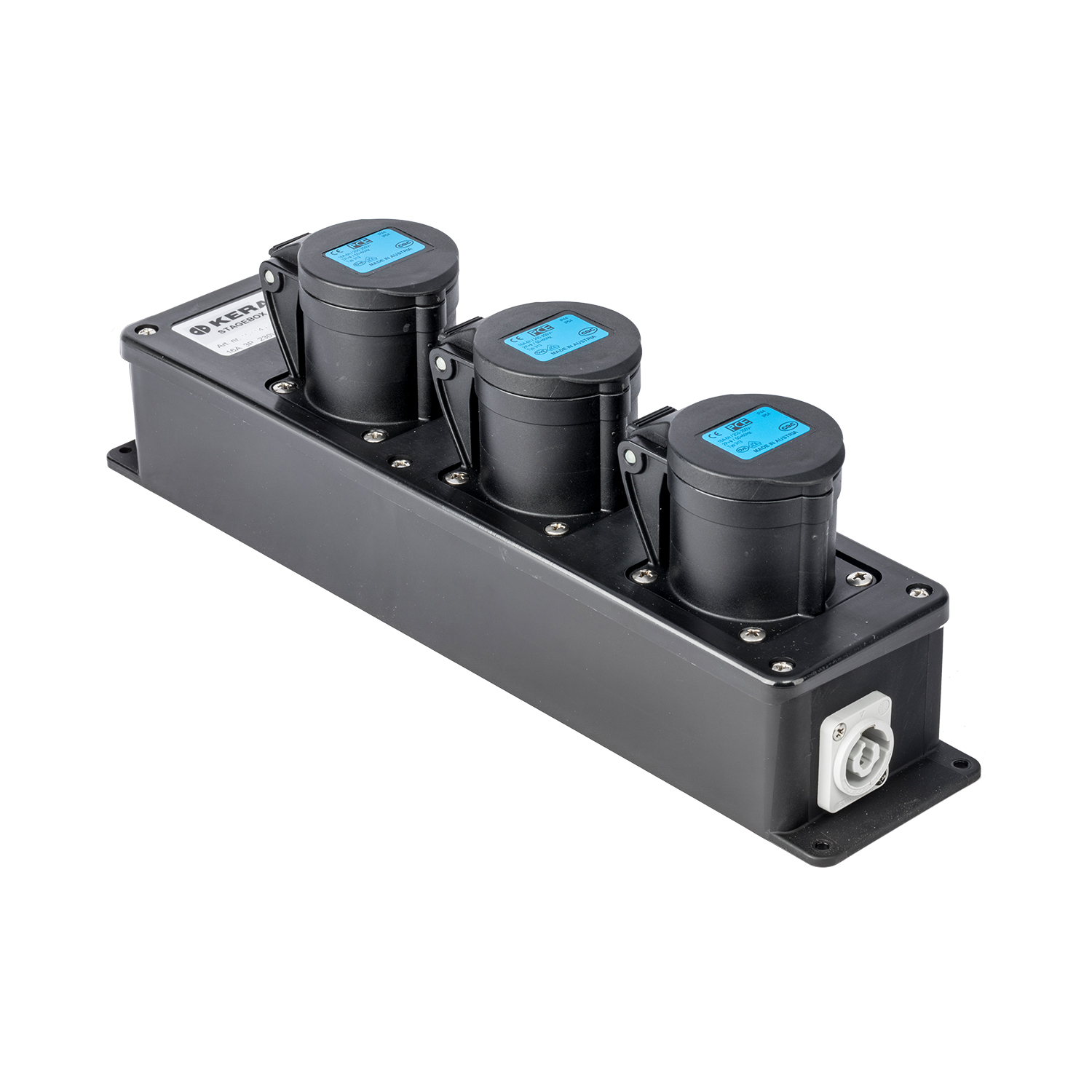 113423 Stagebox PowerCON >3-voudig CEE 16/3/230 doorlus blauw-in grijs-out LED zwart